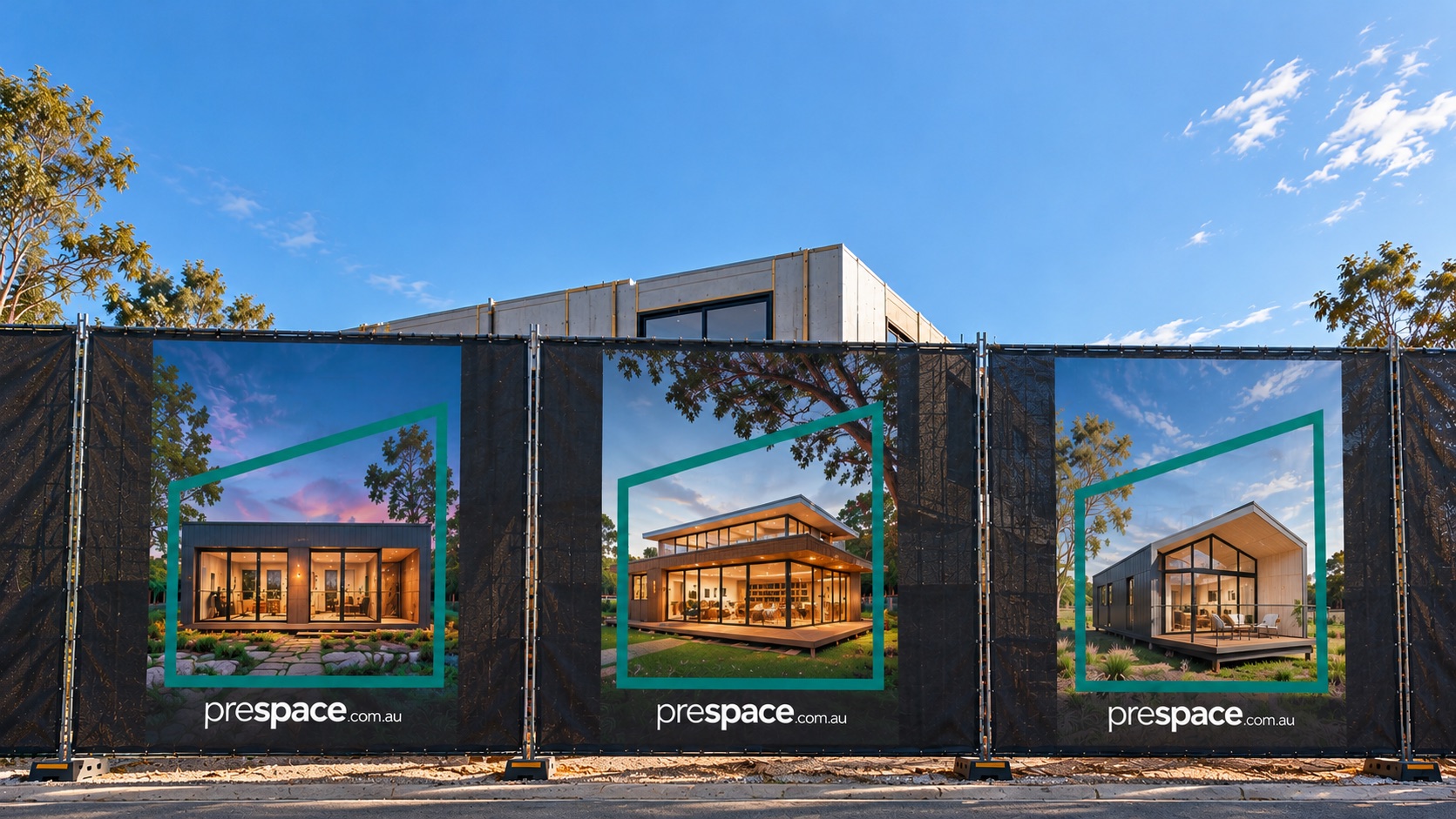 prespace.com.au hoarding on a prefab home construction site